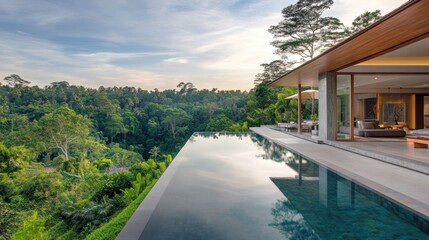 Fototapeta premium Minimalist luxury house with swimming pool overlooking a beautiful green forest background wallpaper AI generated image