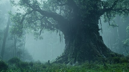 Fototapeta premium A large tree is located in the middle of a green forest. A view of natural beauty background wallpaper AI generated image