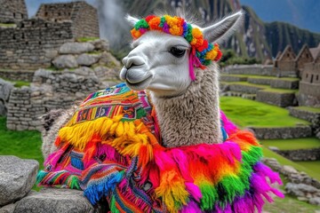 An exquisite llama adorned in colorful andean clothing stands elegantly in front of the iconic machu picchu, showcasing the diverse culture and heritage of peru