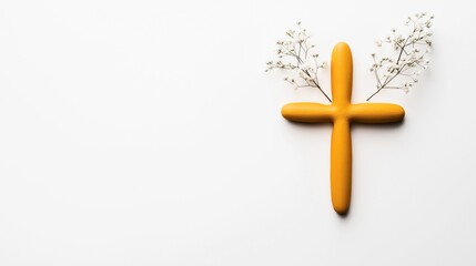 Obraz premium Yellow cross with textured surface surrounded by small white flowers on a plain white background, minimalistic religious symbol.