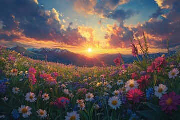 The sunset casts its glow on a lively spring landscape filled with blossoming wildflowers beneath a vivid sky