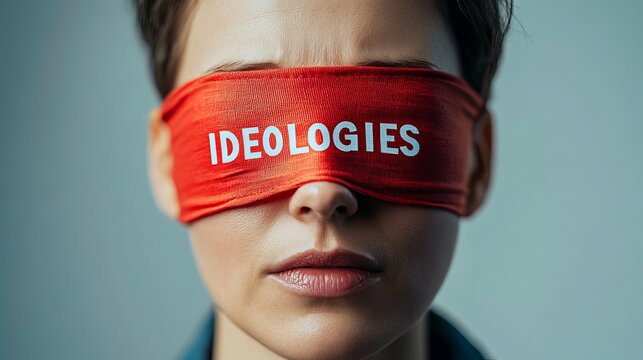 A young woman with short hair wears a red blindfold featuring the word 'IDEOLOGIES,' symbolizing themes of perception and belief.