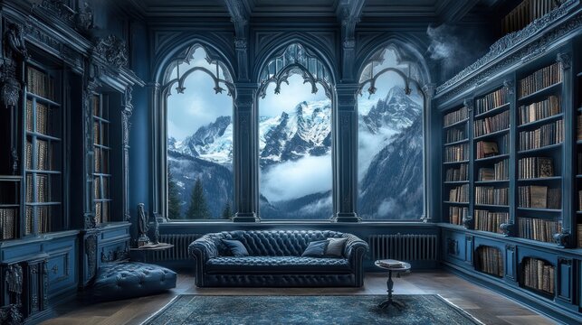 Majestic blue library with mountain view.