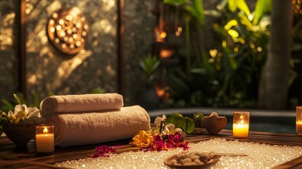 Indulge in a tranquil spa experience. A soothing ambiance awaits with the flicker of candles, the aroma of exotic flowers, and the gentle touch of exfoliating salt scrubs