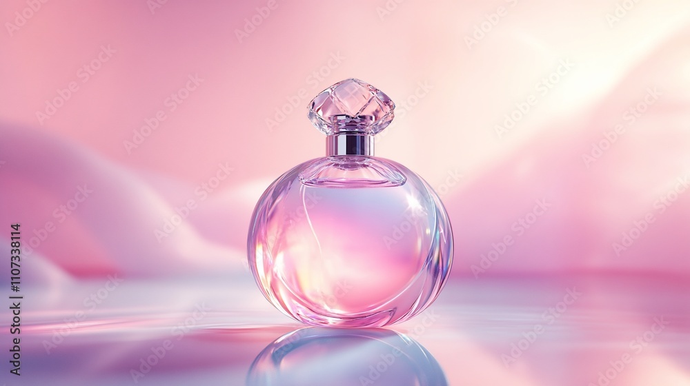 Poster elegant perfume bottle with a soft pink hue and reflective surface.