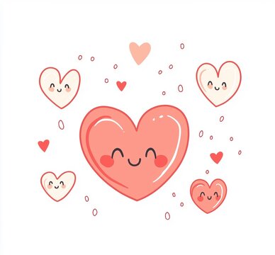 Cuori carini con faccine sorridenti e espressioni felici. Sfondo bianco trasparente