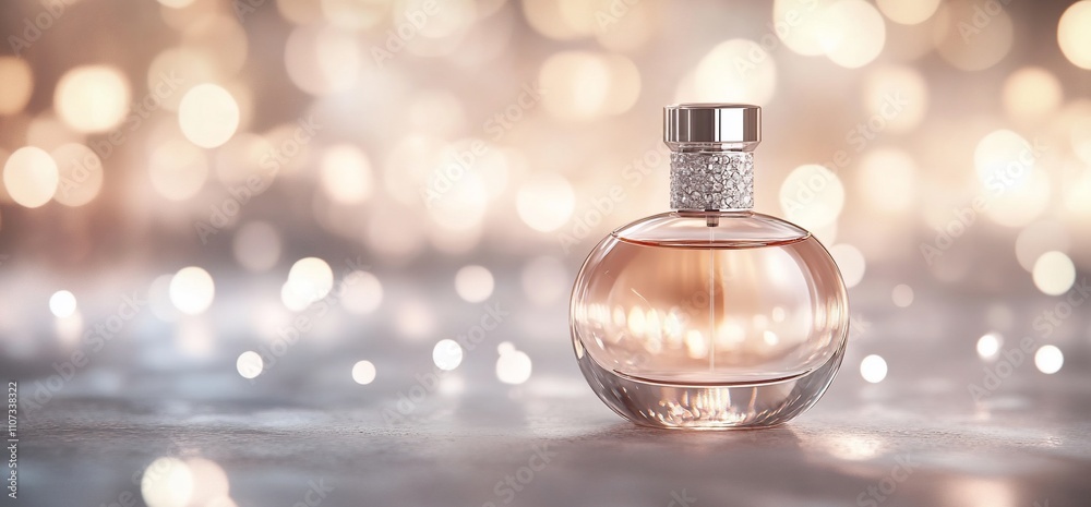 Poster elegant perfume bottle with soft bokeh background, evoking luxury.