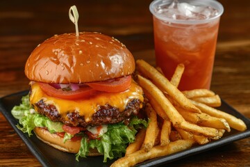 A mouthwatering double burger topped with melted cheese, red tomatoes, fresh greens, and onions comes with crispy fries and a cool beverage on the side