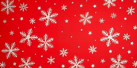 Silver snowflakes on a red background. Festive winter design.
