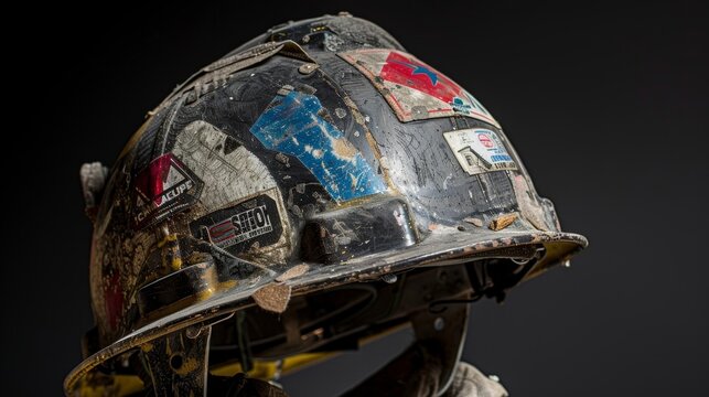 A worn and tattered hard hat adorned with stickers and scuff marks serving as a symbol of a hardworking construction worker.