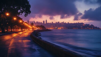 The road runs parallel to the sea, with street lights lining the edge of the sidewalk background wallpaper AI generated image