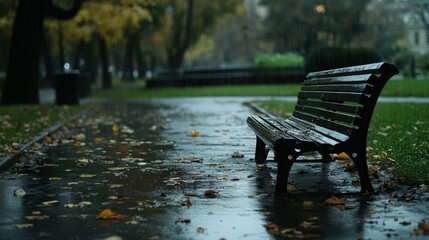 Fototapeta premium Empty wooden bench in park under steady rainfall background wallpaper AI generated image