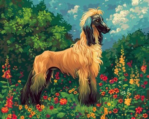 Afghan Hound in a Garden of Delights: A majestic Afghan Hound stands proudly amidst a vibrant tapestry of blooming flowers, bathed in the warm glow of a summer day.