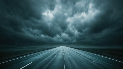 An empty highway stretching far away under a pitch-black overcast sky background wallpaper AI generated image