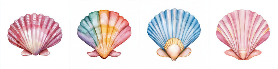A collection of four beautifully illustrated seashells in soft pastel colors, showcasing elegant designs and varying hues.