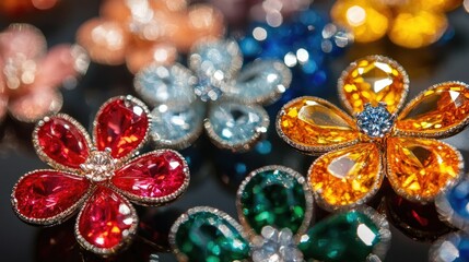 A close-up of gemstone earrings in the shape of flowers, highlighting the vibrant colors.