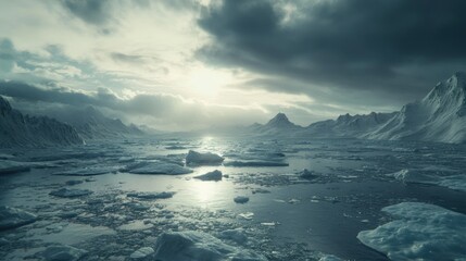 Fototapeta premium Arctic sea ice is breaking into small fragments due to global warming background wallpaper AI generated image