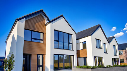 Residential homes with modern facade.Terraced family homes in newly developed housing estate. The real estate market in the suburbs. New single family houses in a new development area.
