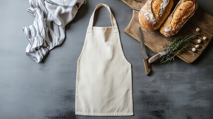 Apron flat lay with artisan bread on gray. A rustic bakery concept. 