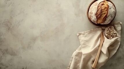 Apron flat lay with artisan bread on gray. A rustic bakery concept. 