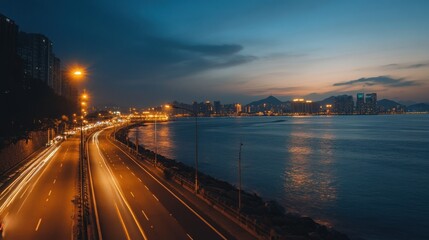 The road runs parallel to the sea, with street lights lining the edge of the sidewalk background wallpaper AI generated image