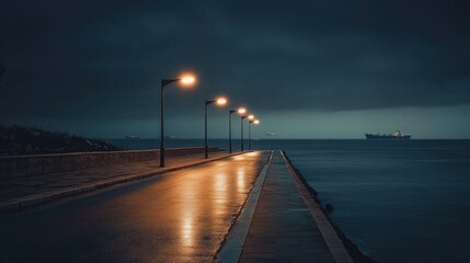 Quiet urban street overlooking the sea at night with street lamps shining onto the sidewalk background wallpaper AI generated image