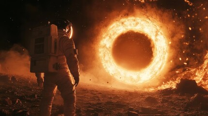 Fototapeta premium Astronaut on a planet before a glowing portal. Sci-fi exploration.