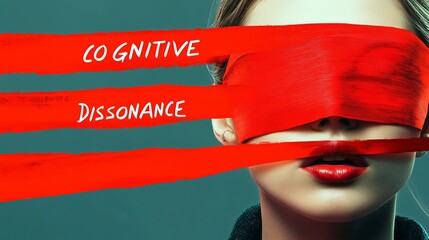 A striking portrait of a woman with her eyes covered by bold red stripes, symbolizing cognitive dissonance. The mood is intense and thought-provoking.