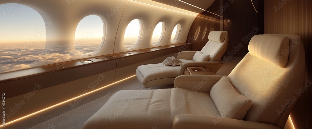 Poster luxurious interior of a private jet with comfortable seating and large windows.
