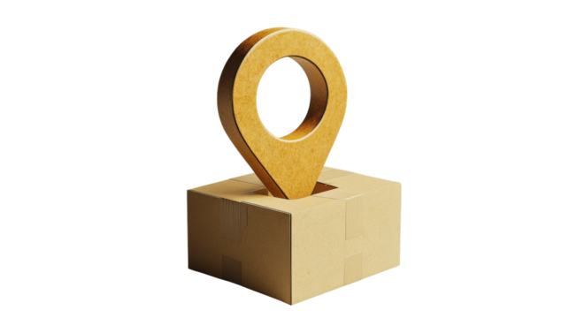 Cardboard geolocation pin emerging from cardboard box on transparent background