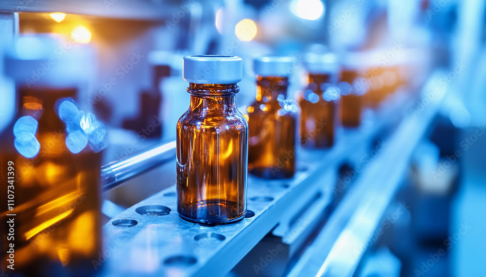 Poster bottling process of amber glass vials in a factory setting
