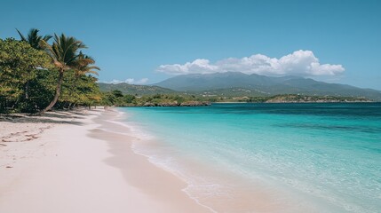 Fototapeta premium Tropical beach with white sand, crystal-clear turquoise water, palm trees, and a mountain in the distance.