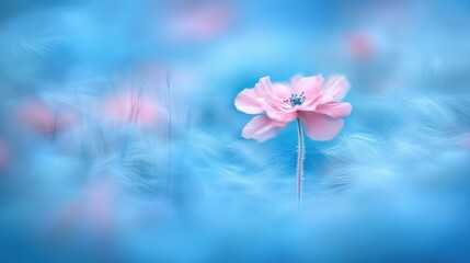 Delicate pink flower in a dreamy, pastel-colored field.