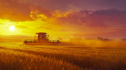 Fototapeta premium A combine harvests crops beneath a vibrant and golden sunset.
