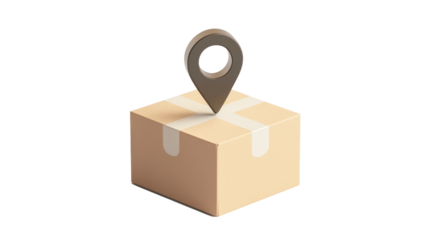 Location pin pointing cardboard box on transparent background