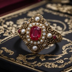 A royal heirloom ring with ruby and pearl detailing, resting in an ornate jewelry box.