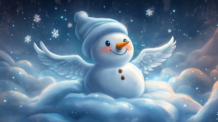 Obraz premium Snowman with angel wings, sitting on a snowy cloud, celestial cartoon style.