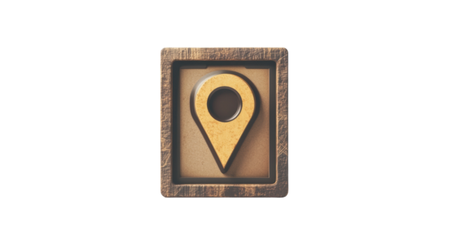 Wooden location pin in frame with transparent background