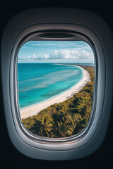 Fototapeta premium birds eye view view through commercial aircraft passenger vertical window, tropical beach far down below, clear blue sky. 