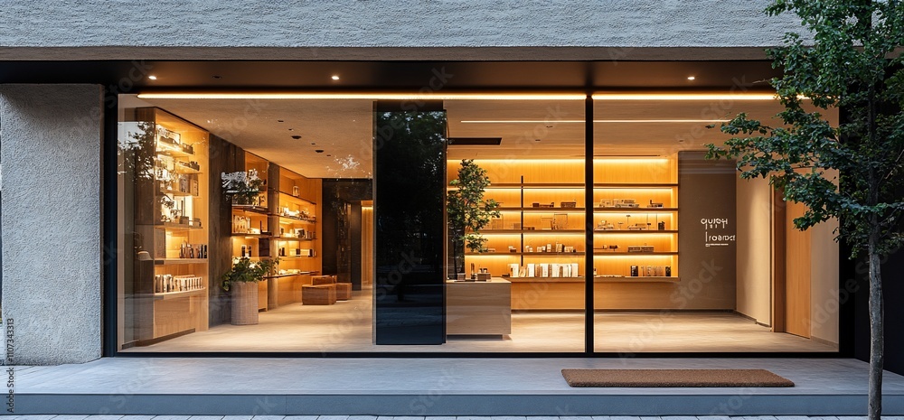 Poster Modern storefront displaying products with warm lighting and greenery.