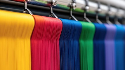 Graphic customization for digital printing. A vibrant display of colored threads hanging on a rack, showcasing a spectrum of hues for textile and crafting enthusiasts.