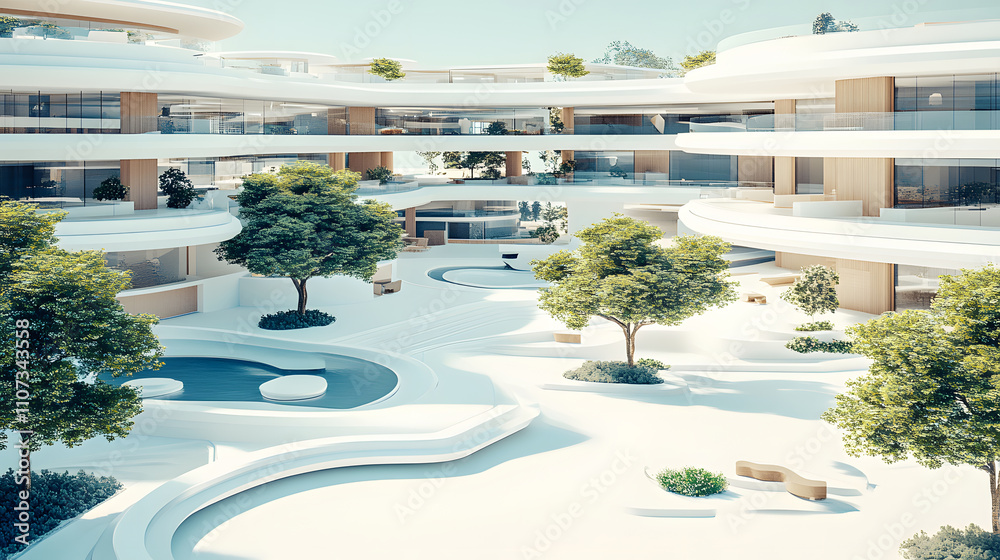 Aufkleber a modern architectural design featuring a spacious courtyard with greenery, pools, and sleek structu