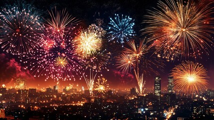new year fireworks display with 2025, dusk urban environment, joyful group celebration, handheld sparklers glow, city building outlines, authentic moment capture, low light photography
