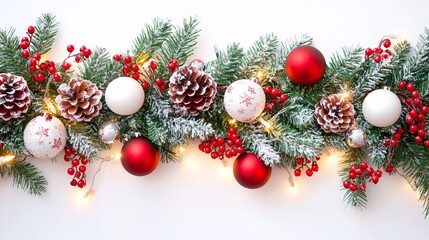 christmas border design, pine branches garland, matte red baubles, frosted white ornaments, warm led string lights, ruby red berries, festive pinecone decorations, detailed pine needles, bright white