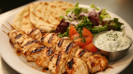 A fresh meal of chicken breast skewers served with tzatziki sauce, pita bread, and a small Greek salad