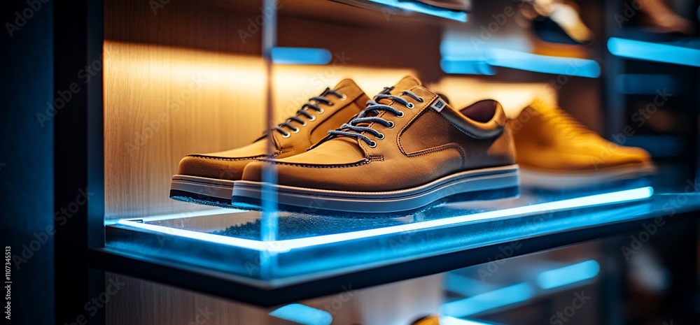 Aufkleber stylish shoes displayed on a modern shelf with ambient lighting.