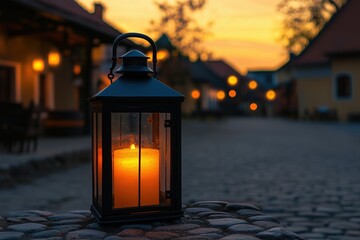 Lit candle in lantern on cobblestone street at sunset