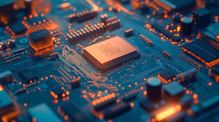 Fototapeta premium Electronic circuit board featuring detailed components and lighting.