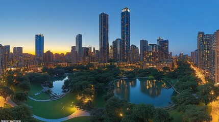 Fototapeta premium City skyline at dawn, reflecting on a park's pond.