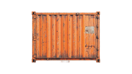 Orange shipping container showing signs of wear and tear on transparent background